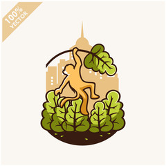 Monkey with tree and sky background safari logo vector	