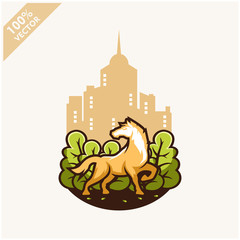 Horse with tree and sky background safari zoo logo vector	