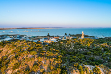 Aerial view of Cape Martin Lighthouse at sunset. Beachport, South Australia