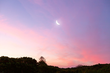Crescent moon at sunset with copy space - minimalist skyscape