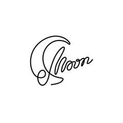 Moon, continuous line drawing, hand lettering small tattoo, print for clothes, t-shirt, emblem or logo design, one single line on a white background. Isolated vector illustration.
