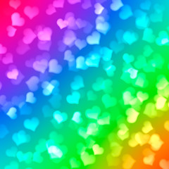 Rainbow bokeh background for Valentine's day, hearts, blurred, bright, diagonal, stripes, gradient, love, romance, holiday