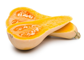 Butternut squash (Pumpkin) cut in half isolated on white with clipping path.