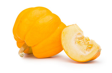 Golden pumpkin isolated on a white background. Fancy pumpkin clipping path.