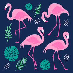 Vector set with pink flamingos and tropical palm leaves. Hand Drawn illustration, isolated elements.