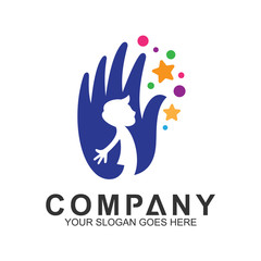 Obraz premium Creative Kids Logo,Family Care Logo,Hand With Kid Silhouette Inside And Colorful Stars And Bubbles