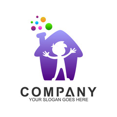 Kid Logo, We Care Logo,Family House,Foundation Community, Children In The House With Colorful Bubbles Vector Logo
