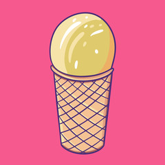 Yellow ice cream in waffle cone. Vector illustration. Isolated on pink background.