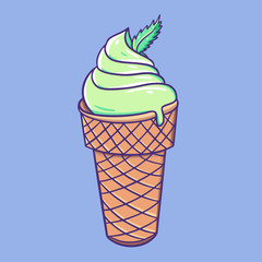 Green ice cream in waffle cone. Vector illustration. Isolated on blue background.