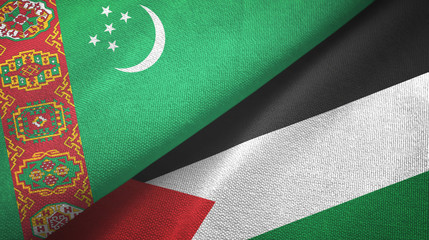 Turkmenistan and Palestine two flags textile cloth, fabric texture