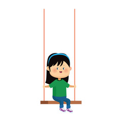 Happy girl sitting on swing, colorful design