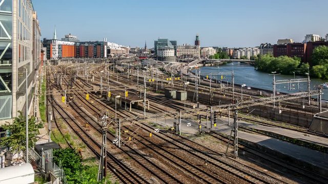 Panoramic view of railway trucks near the Stockholm central station in Norrmalm district. Time lapse video