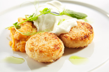 Halibut Cutlets or Fish Cakes with Cream Cheese Isolated