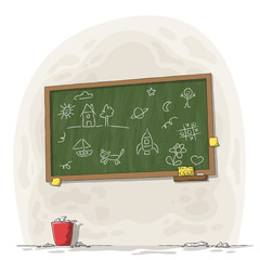 Painted blackboard with chalk, sponge and trash can. Hand drawn vector illustration with separate layers. © GabiWolf