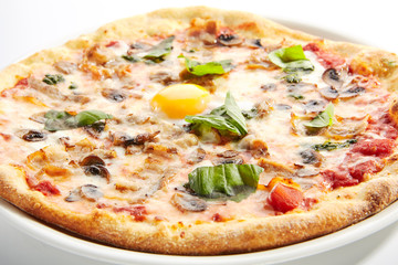 Pizza with Mushrooms, Bacon and Egg in Restaurant Plate Isolated