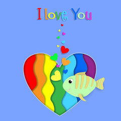 Fototapeta na wymiar I love you paper cut fish on rainbow heart card