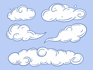 White clouds with blue outline. Hand drawn vector illustration. Cartoon style.