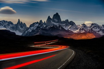Timelapse shot of car lights in Fitz Roy Mountains in Argentina