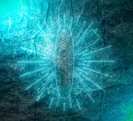 Surfboard and paddles. Surfing outline emblem. Stand up paddle boarding. 3D rendering. Neon bulb illumination. Stone surface texture