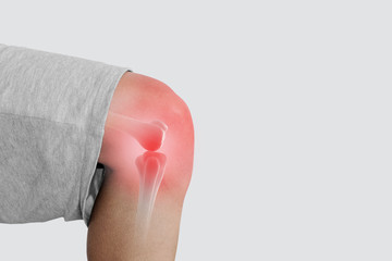 Joint pain, Arthritis and tendon problems. Elderly man knee on white background