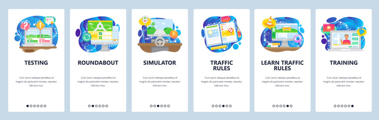 Online driving test, computer simulator, road rules book, driving license. Mobile app onboarding screens. Menu vector banner template for website and mobile development. Web site design illustration