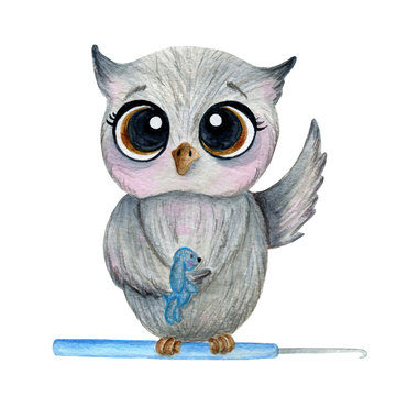 A gray owl sits on a crochet hook, holds a toy. Watercolor illustration. Isolate on a white background.