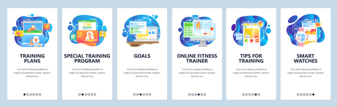 Fitness tracker app, sport training plan in mobile phone, fitness gadget. Mobile app onboarding screens. Menu vector banner template for website and development. Web site design flat illustration