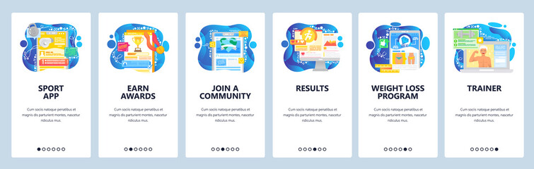 Sport mobile app, fitness community, tournament award, online trainer. Mobile app onboarding screens. Menu vector banner template for website and development. Web site design flat illustration