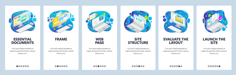 Web development, site wireframe, email and computer documents. Mobile app onboarding screens. Menu vector banner template for website and mobile. Web site design flat illustration