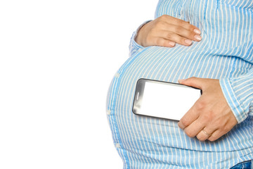 Happy pregnant girl lies on white background