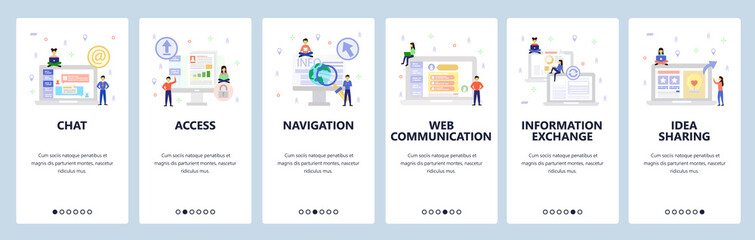 Online chat and web support, secure access, communication and shate information. Mobile app onboarding screens. Menu vector banner template for website and mobile. Web site design flat illustration