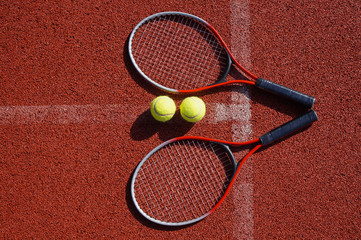 Top view tennis scene with ball and racquet
