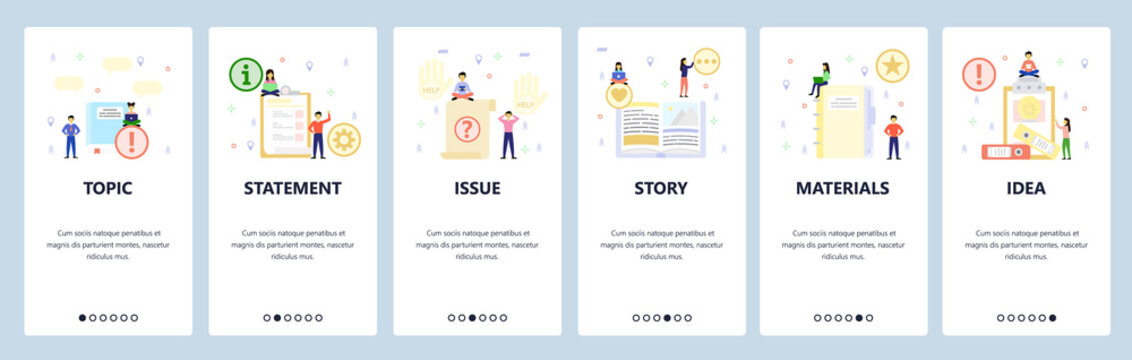 Open book, todo list, office materials. Mobile app onboarding screens. Menu vector banner template for website and mobile development. Web site design flat illustration