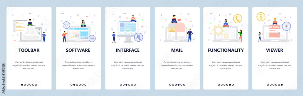Poster computer technology icons, interface, software development. mobile app onboarding screens. menu vect