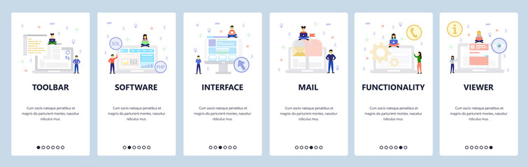 Computer technology icons, interface, software development. Mobile app onboarding screens. Menu vector banner template for website and mobile development. Web site design flat illustration
