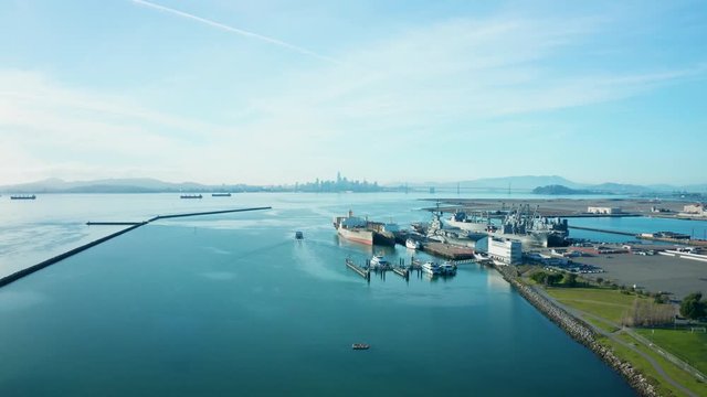 A push forward toward the bay and city skies over the waters.