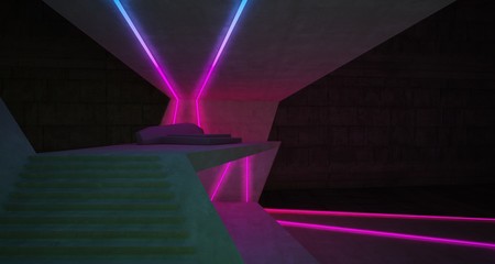 Abstract architectural concrete interior of a minimalist house with colored neon lighting. 3D illustration and rendering.