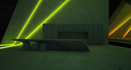 Abstract architectural concrete interior of a minimalist house with colored neon lighting. 3D illustration and rendering.