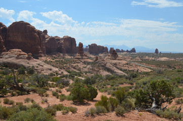 Fototapeta na wymiar Early Summer in Utah: Looking Southeast from the Garden of Eden in Arches National Park to the Pinnacles and Formations of The Windows Section and the La Sal Mountains