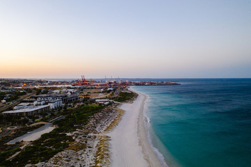 Aerial drone shot of Leighton beach, Perth. The iconic Fremantle docks can be seen in the background,.
