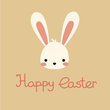 Cute kawaii cartoon flat vector easter white bunny face with hand writing lettering - Happy easter