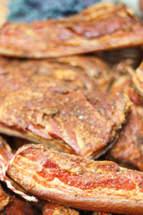 Fresh prepared smoked pork bacon with spices