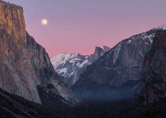 Yosemite national park after sunset with a full moon