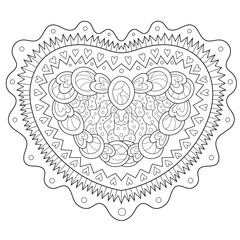 Adult coloring page for antistress art therapy with editable line. Beautiful patterned heart in zendoodle style. Template for t-shirt, tattoo, poster or cover. Colouring book for Valentines day.