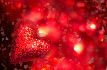 Red heart  Glowing Hearts. Heart Shape Bokeh. Birthday. Valentine's day. March 8. Mother's day. Greeting card. Wallpaper. Banner.