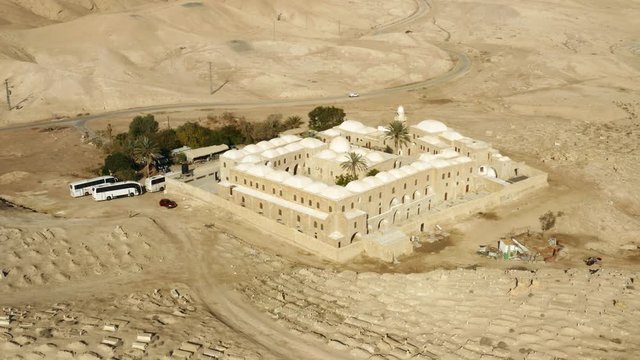 Nabi Musa (Prophet Moses) burial site in Judean desert, Israel, 4k aerial