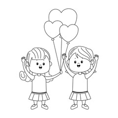 Cute girls with hearts balloons, flat design