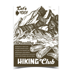 Hiking Adventure Club Advertising Poster Vector. Torch Flame Blowing In Wind, High Mountain And Green Leaves Tourist Adventure. Burning Fireplace Template Designed In Vintage Style Monochrome