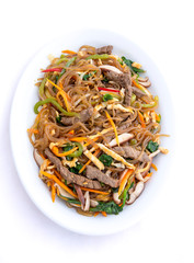 Stir fried Korean glass noodle with soy sauce called Japchae