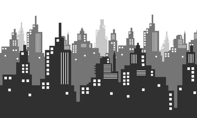 Black and white city silhouette with lots of windows